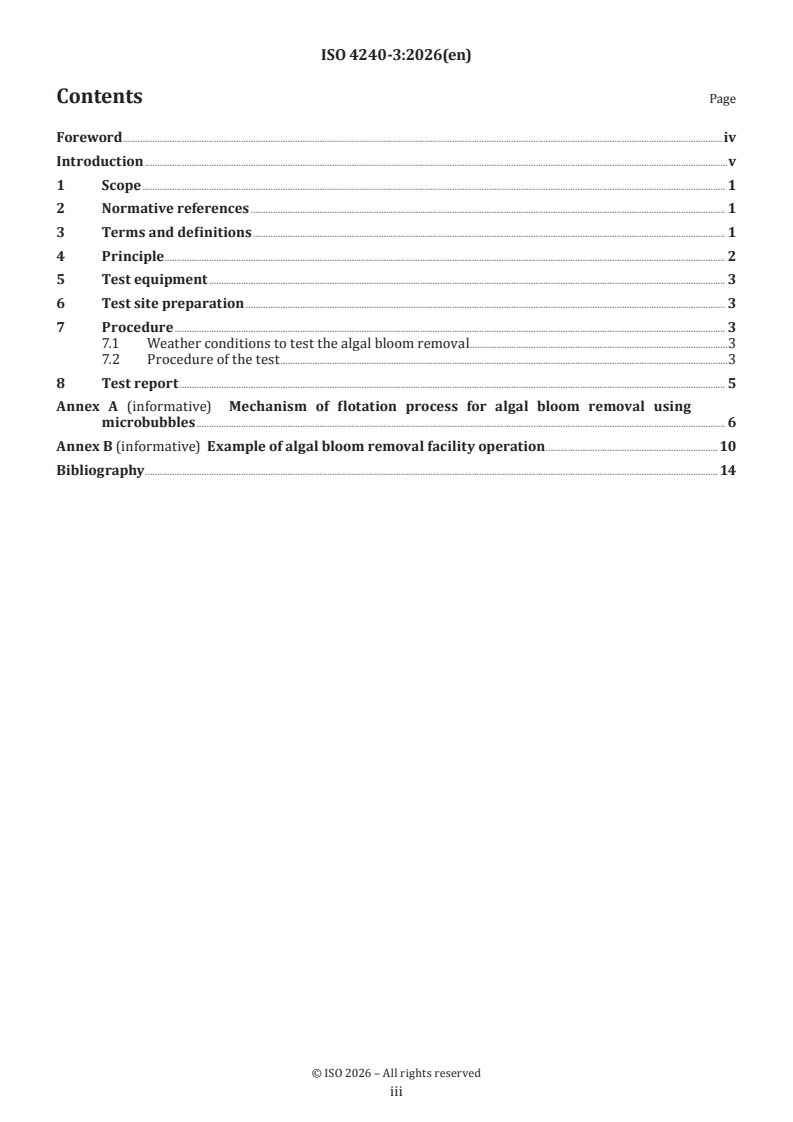 ISO 4240-3:2026 ISO 4240-3:2026 - Fine bubble technology — Environmental applications — Part 3: Test method for on-site evaluation of the performance of algae bloom removal facilities - Page 3 preview