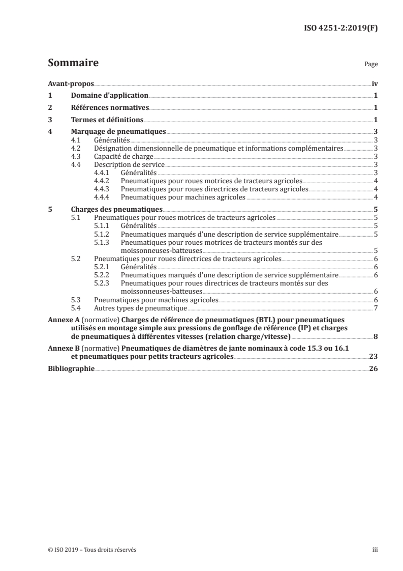 ISO 4251-2:2019 ISO 4251-2:2019 - Pneumatiques diagonaux à désignation dimensionnelle par code (séries à marquage équivalent nappes "ply rating") pour tracteurs, remorques et machines agricoles — Partie 2: Capacités de charge des pneumatiques/31/2019 - Page 3 preview