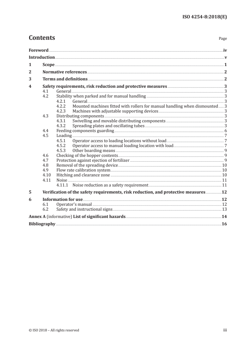 ISO 4254-8:2018 ISO 4254-8:2018 - Agricultural machinery — Safety — Part 8: Solid fertilizer distributors/9/2018 - Page 3 preview