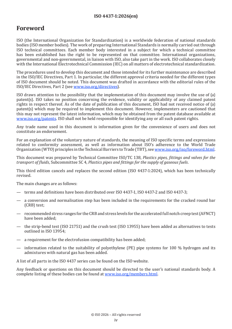ISO 4437-1:2026 ISO 4437-1:2026 - Plastics piping systems for the supply of gaseous fuels — Polyethylene (PE) — Part 1: General - Page 4 preview