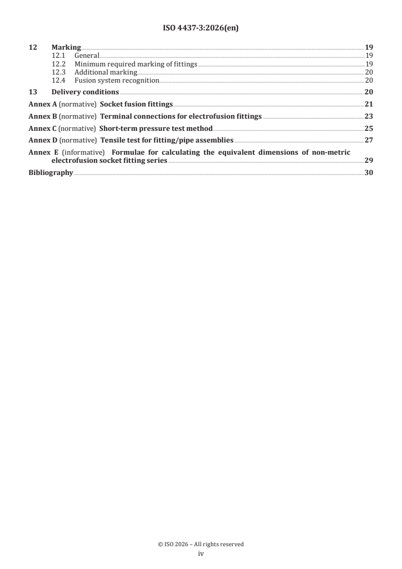 ISO 4437-3:2026 ISO 4437-3:2026 - Plastics piping systems for the supply of gaseous fuels — Polyethylene (PE) — Part 3: Fittings - Page 4 preview