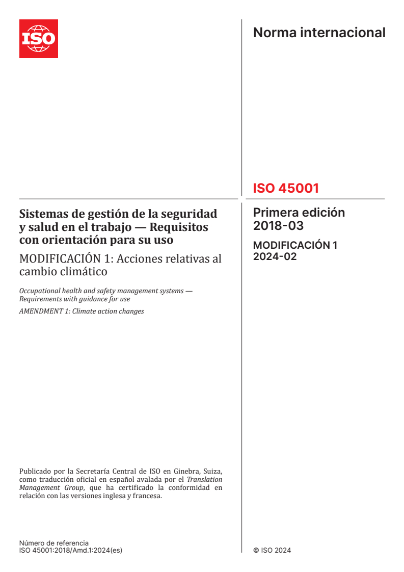 ISO 45001:2018/Amd 1:2024 ISO 45001:2018/Amd 1:2024 - Occupational health and safety management systems — Requirements with guidance for use — Amendment 1: Climate action changes/27/2024 - Page 1 preview