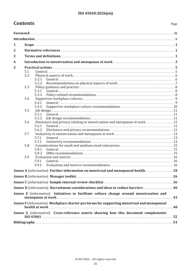 ISO 45010:2026 ISO 45010:2026 - Occupational health and safety management — Menstruation and menopause in the workplace — Guidance - Page 3 preview