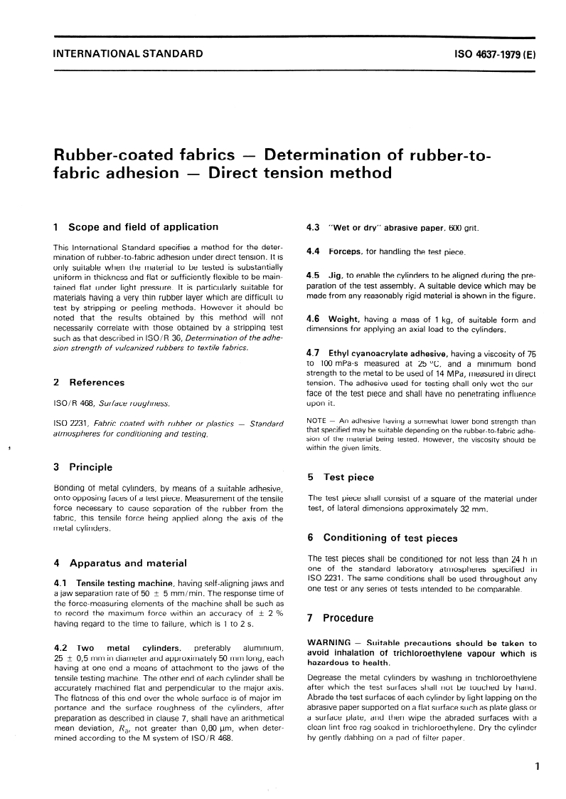 ISO 4637:1979 ISO 4637:1979 - Rubber-coated fabrics — Determination of rubber-to-fabric adhesion — Direct tension method/1/1979 - Page 3 preview