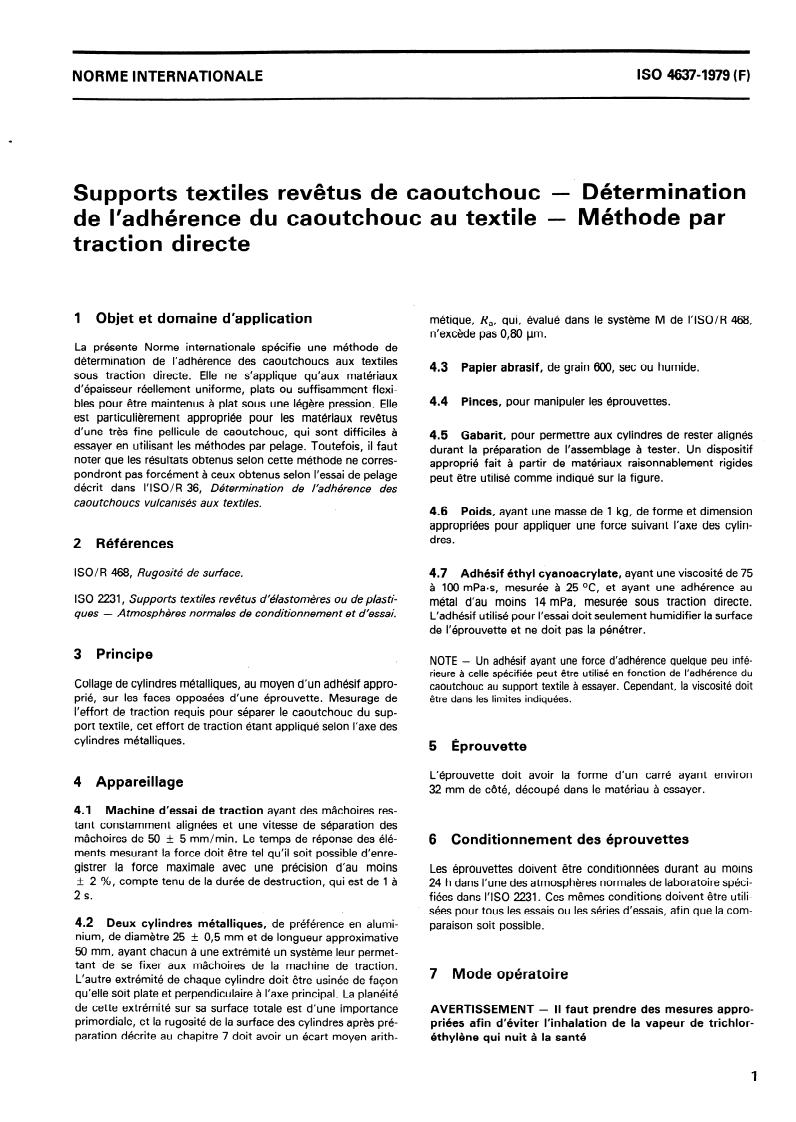 ISO 4637:1979 ISO 4637:1979 - Supports textiles revêtus de caoutchouc — Détermination de l'adhérence du caoutchouc au textile — Méthode par traction directe/1/1979 - Page 3 preview