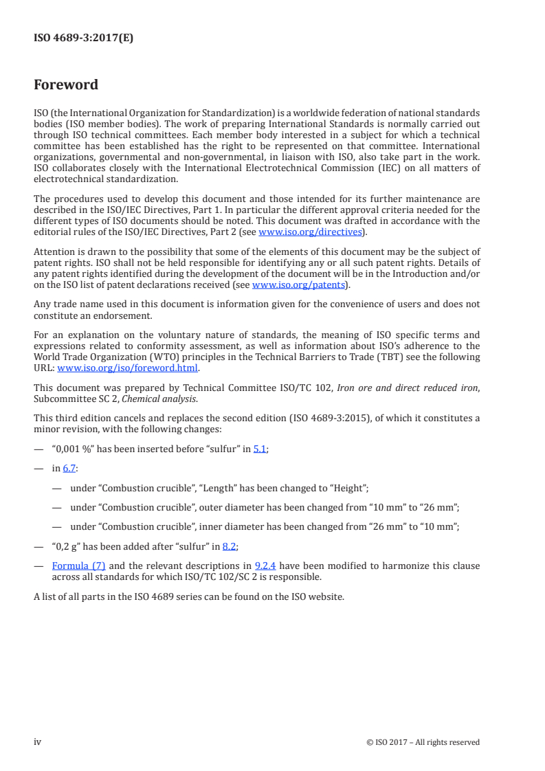 ISO 4689-3:2017 ISO 4689-3:2017 - Iron ores — Determination of sulfur content — Part 3: Combustion/infrared method/2/2017 - Page 4 preview