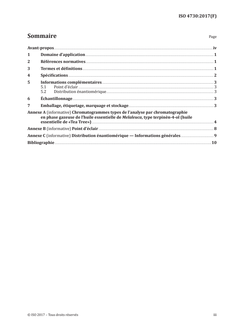 ISO 4730:2017 ISO 4730:2017 - Huile essentielle de Melaleuca, type terpinén-4-ol (huile essentielle de Tea Tree)/2/2017 - Page 3 preview