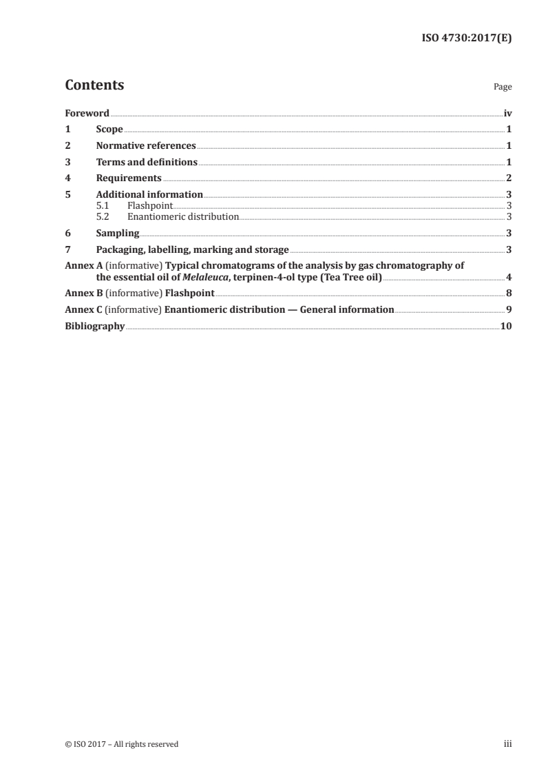 ISO 4730:2017 ISO 4730:2017 - Essential oil of Melaleuca, terpinen-4-ol type (Tea Tree oil)/2/2017 - Page 3 preview