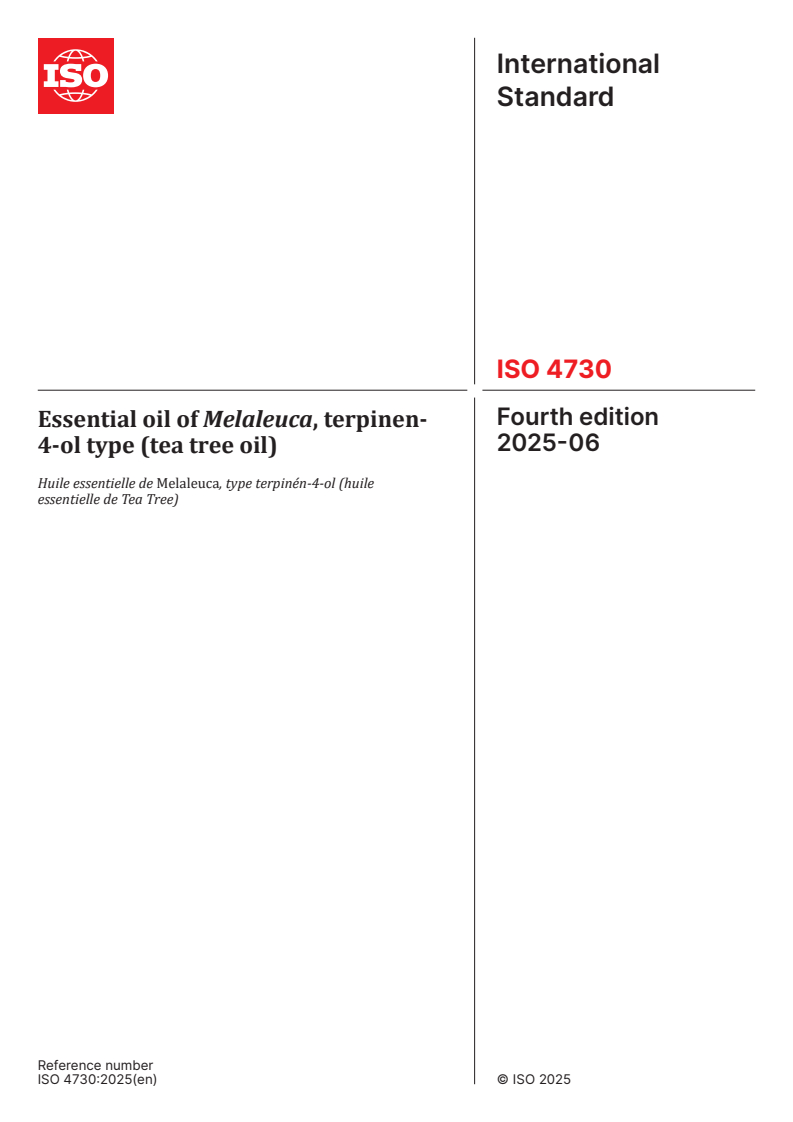 ISO 4730:2025 - Essential oil of Melaleuca, terpinen-4-ol type (tea tree oil)
Released:12. 06. 2025