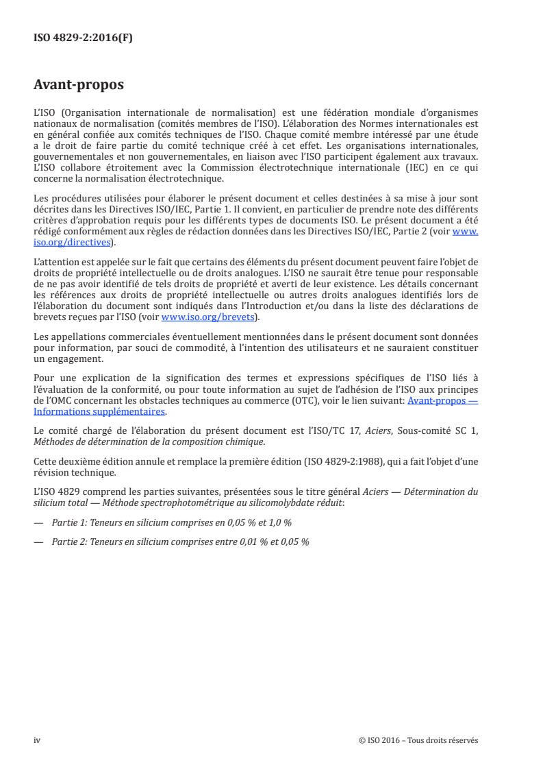 ISO 4829-2:2016 ISO 4829-2:2016 - Aciers — Détermination du silicium total — Méthode spectrophotométrique au silicomolybdate réduit — Partie 2: Teneurs en silicium comprises entre 0,01 % et 0,05 %/12/2016 - Page 4 preview