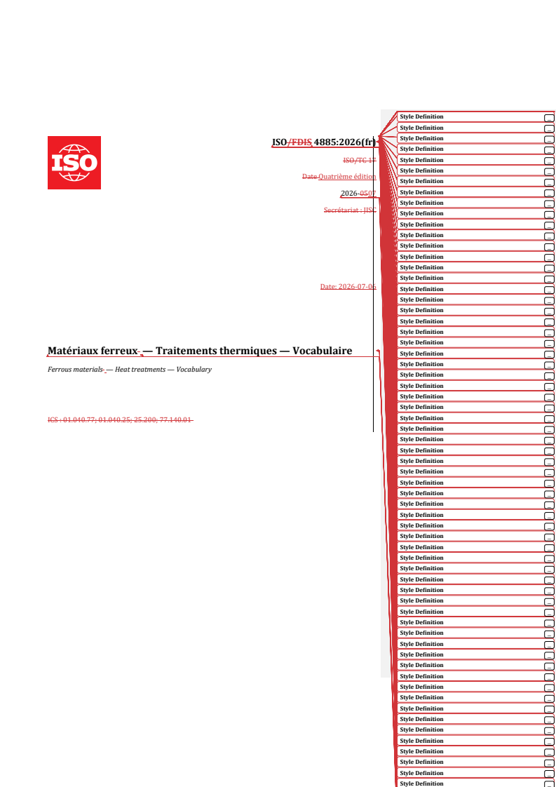 ISO 4885:2026 REDLINE ISO 4885:2026 - Matériaux ferreux — Traitements thermiques — Vocabulaire - Page 1 preview