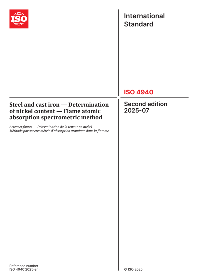 ISO 4940:2025 - Steel and cast iron — Determination of nickel content — Flame atomic absorption spectrometric method
Released:25. 07. 2025