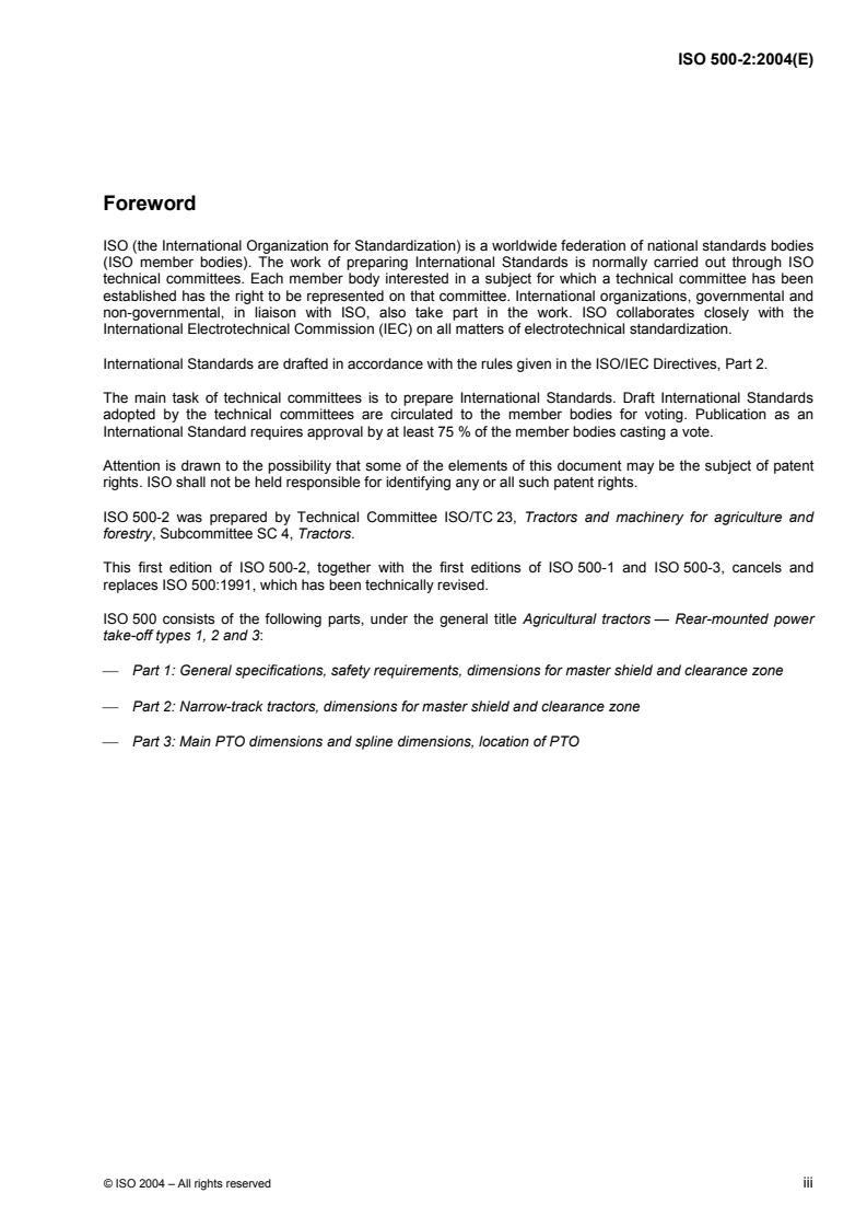 ISO 500-2:2004 ISO 500-2:2004 - Agricultural tractors — Rear-mounted power take-off types 1, 2 and 3 — Part 2: Narrow-track tractors, dimensions for master shield and clearance zone/7/2004 - Page 3 preview