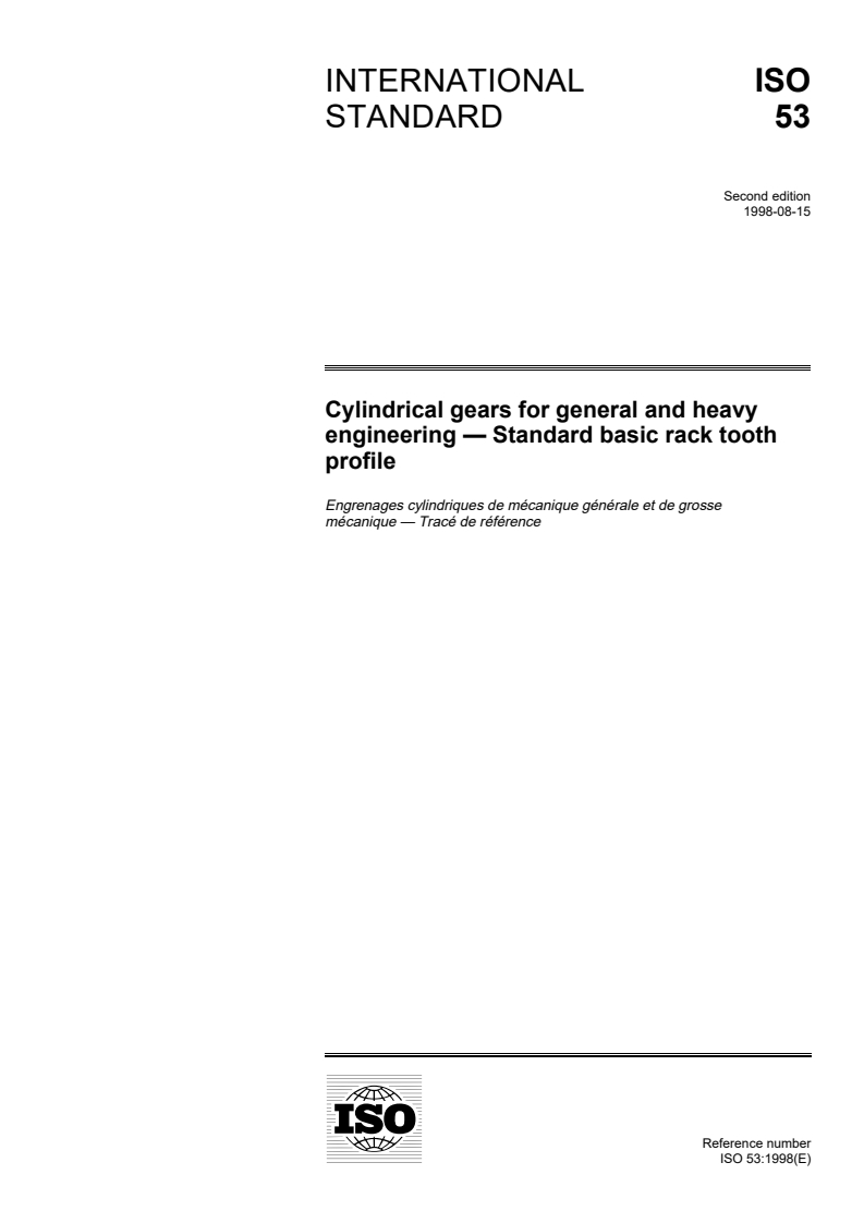 ISO 53:1998 ISO 53:1998 - Cylindrical gears for general and heavy engineering — Standard basic rack tooth profile/20/1998 - Page 1 preview