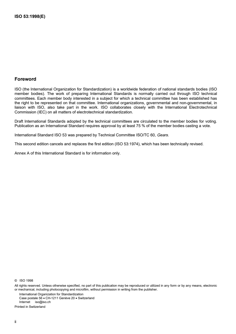 ISO 53:1998 ISO 53:1998 - Cylindrical gears for general and heavy engineering — Standard basic rack tooth profile/20/1998 - Page 2 preview