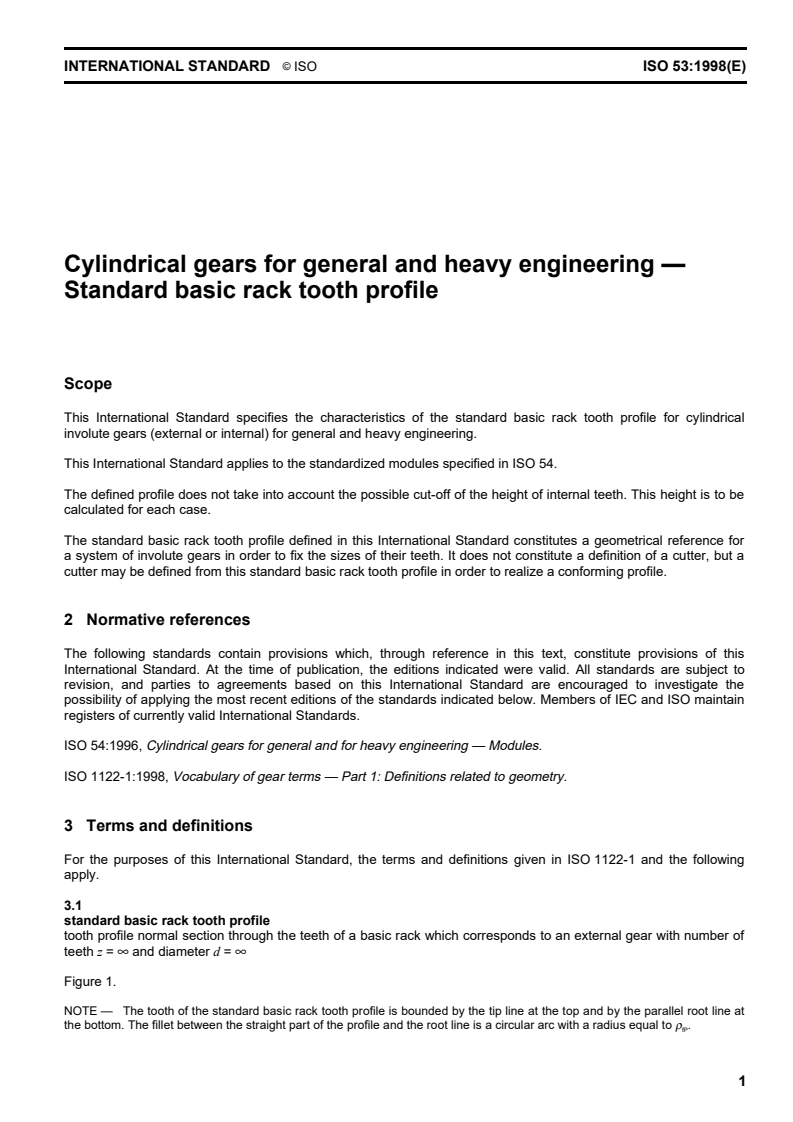 ISO 53:1998 ISO 53:1998 - Cylindrical gears for general and heavy engineering — Standard basic rack tooth profile/20/1998 - Page 3 preview