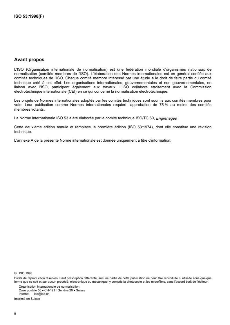 ISO 53:1998 ISO 53:1998 - Engrenages cylindriques de mécanique générale et de grosse mécanique — Tracé de référence/20/1998 - Page 2 preview