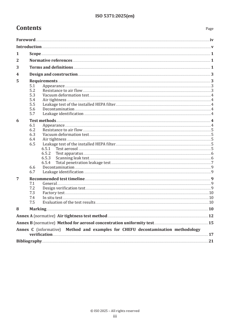 ISO 5371:2025 ISO 5371:2025 - Containment high efficiency filtration unit (CHEFU) in ventilation system of biosafety facilities
Released:25. 07. 2025 - Page 3 preview