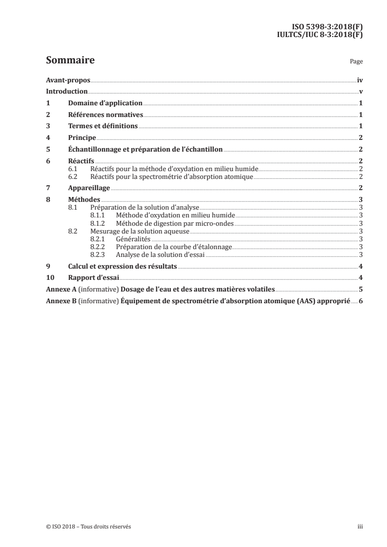 ISO 5398-3:2018 ISO 5398-3:2018 - Cuir — Dosage chimique de l'oxyde de chrome — Partie 3: Quantification par spectrométrie d'absorption atomique/15/2018 - Page 3 preview