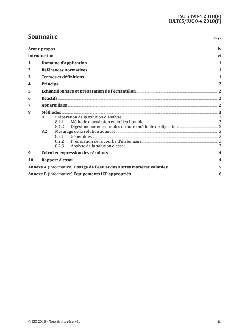 ISO 5398-4:2018 ISO 5398-4:2018 - Cuir — Dosage chimique de l'oxyde de chrome — Partie 4: Quantification par plasma à couplage inductif (ICP)/20/2018 - Page 3 preview