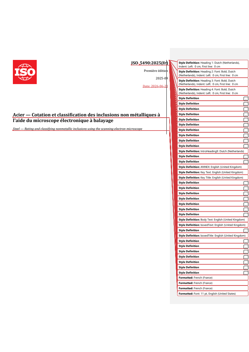 ISO 5490:2025 REDLINE ISO 5490:2025 - Acier — Cotation et classification des inclusions non métalliques à l'aide du microscope électronique à balayage - Page 1 preview