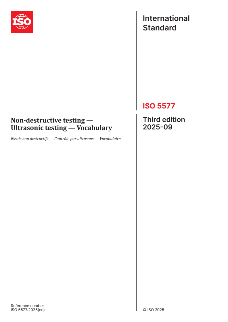 ISO 5577:2025 - Non-destructive testing — Ultrasonic testing — Vocabulary
Released:9/30/2025
