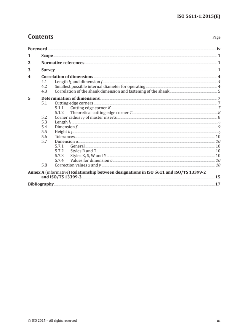 ISO 5611-1:2015 ISO 5611-1:2015 - Cartridges, type A, for indexable inserts — Part 1: General survey, correlation and determination of dimensions/18/2015 - Page 3 preview