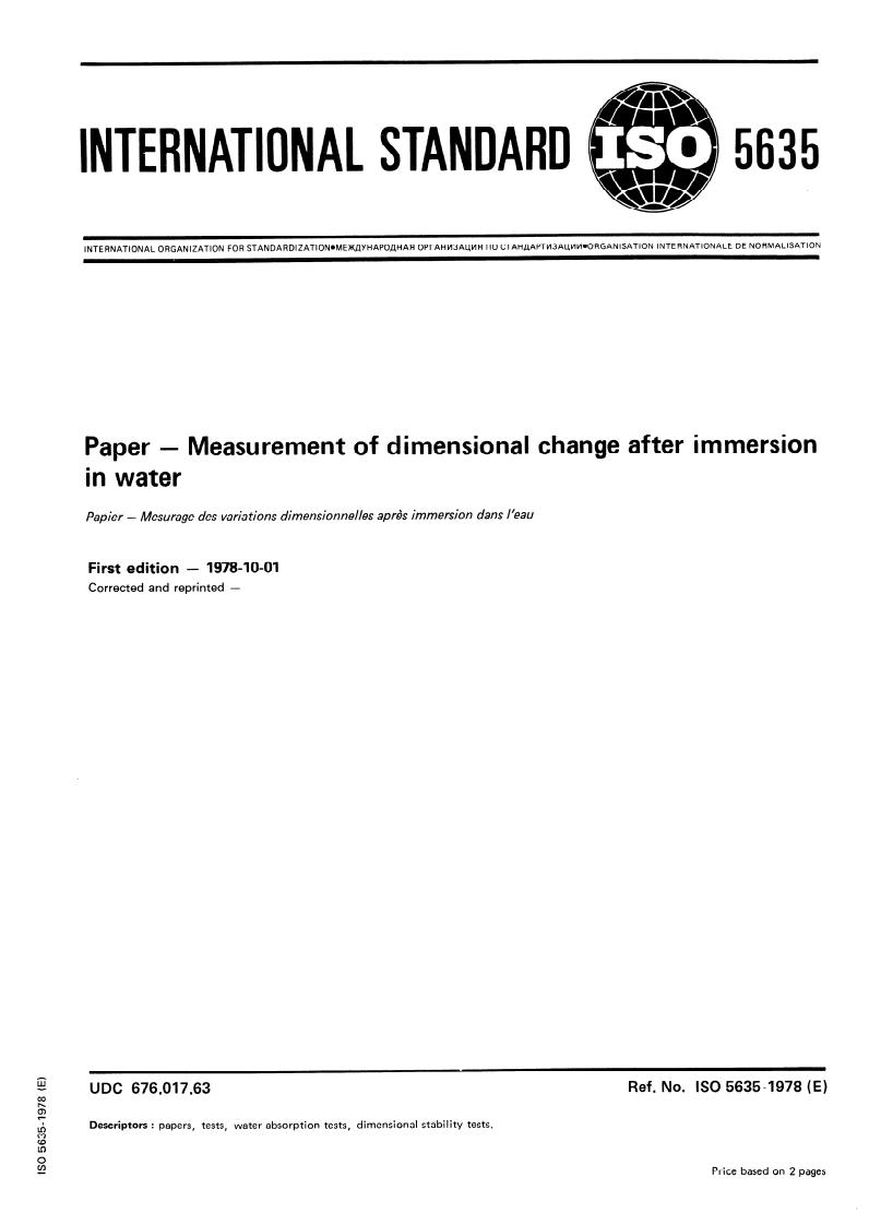 ISO 5635:1978 ISO 5635:1978 - Paper — Measurement of dimensional change after immersion in water/1/1978 - Page 1 preview