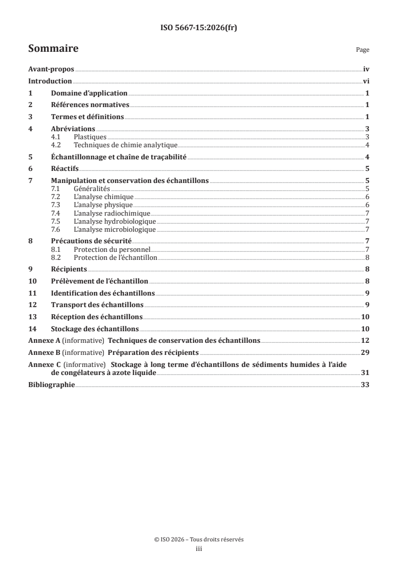 ISO 5667-15:2026 ISO 5667-15:2026 - Qualité de l’eau — Échantillonnage — Partie 15: Conservation et traitement des échantillons de boues, de sédiments et de matières en suspension - Page 3 preview