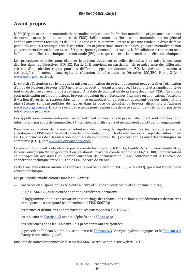 ISO 5667-15:2026 ISO 5667-15:2026 - Qualité de l’eau — Échantillonnage — Partie 15: Conservation et traitement des échantillons de boues, de sédiments et de matières en suspension - Page 4 preview
