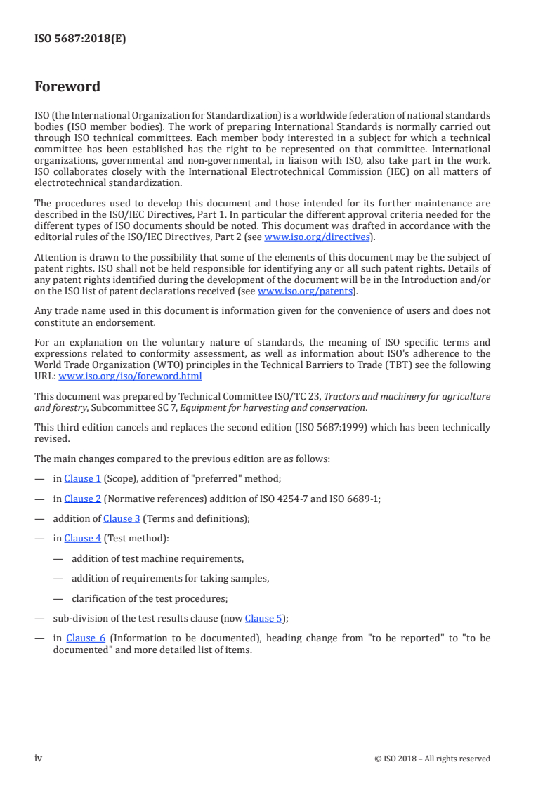 ISO 5687:2018 ISO 5687:2018 - Equipment for harvesting — Combine harvesters — Determination and designation of grain tank capacity and unloading device performance/18/2018 - Page 4 preview