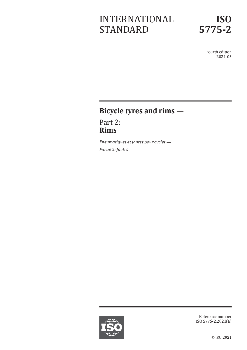 ISO 5775-2:2021 ISO 5775-2:2021 - Bicycle tyres and rims — Part 2: Rims/11/2021 - Page 1 preview