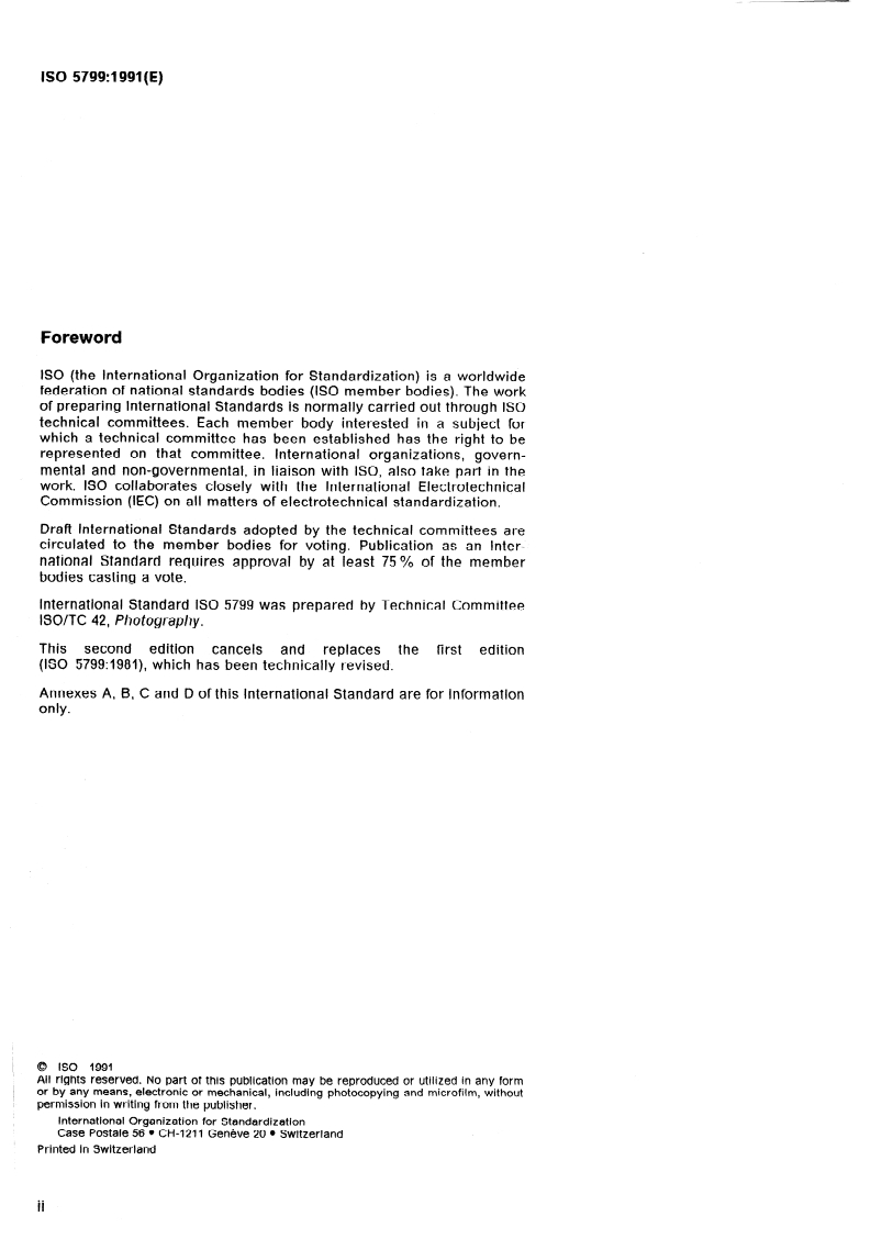 ISO 5799:1991 ISO 5799:1991 - Photography — Direct-exposing medical and dental radiographic film/process systems — Determination of ISO speed and ISO average gradient/8/1991 - Page 2 preview