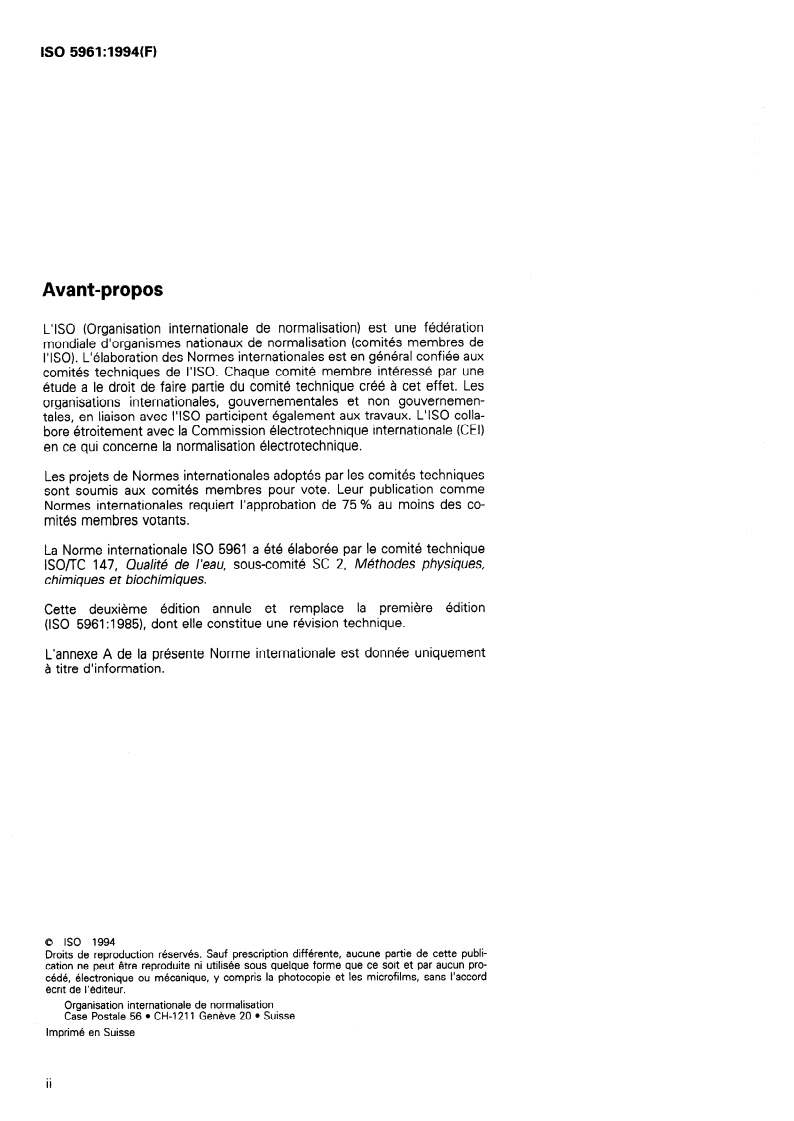 ISO 5961:1994 ISO 5961:1994 - Qualité de l'eau — Dosage du cadmium par spectrométrie d'absorption atomique/22/1996 - Page 2 preview