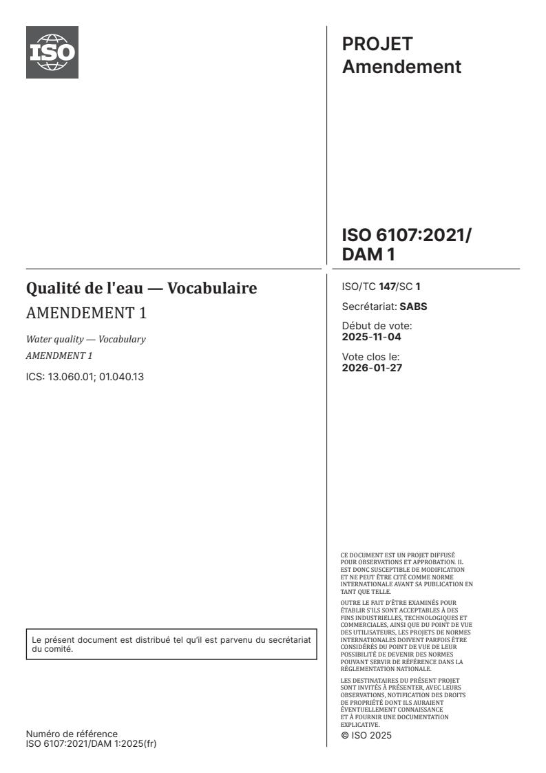 ISO 6107:2021/Amd 1:2026 ISO 6107:2021/PRF Amd 1 - Qualité de l'eau — Vocabulaire — Amendement 1/22/2025 - Page 1 preview