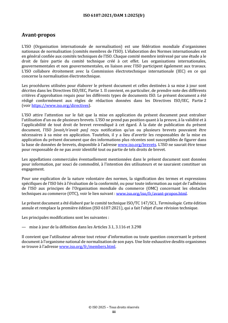 ISO 6107:2021/Amd 1:2026 ISO 6107:2021/PRF Amd 1 - Qualité de l'eau — Vocabulaire — Amendement 1/22/2025 - Page 3 preview