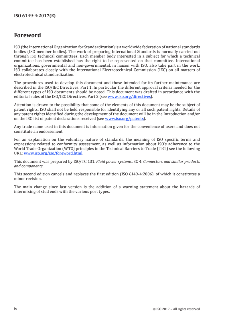 ISO 6149-4:2017 ISO 6149-4:2017 - Connections for fluid power and general use — Ports and stud ends with ISO 261 metric threads and O-ring sealing — Part 4: Dimensions, design, test methods and requirements for external hex and internal hex port plugs/9/2017 - Page 4 preview