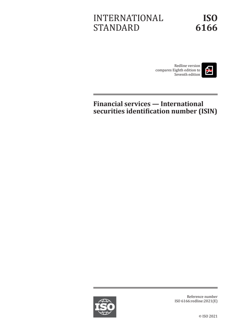 ISO 6166:2021 REDLINE ISO 6166:2021 - Financial services — International securities identification number (ISIN)/2/2021 - Page 1 preview