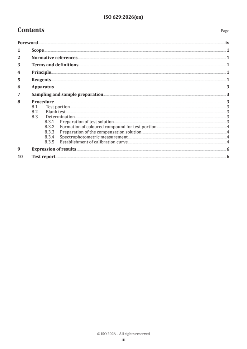 ISO 629:2026 ISO 629:2026 - Steel and cast iron — Determination of manganese content — Spectrophotometric method
Released:30. 01. 2026 - Page 3 preview