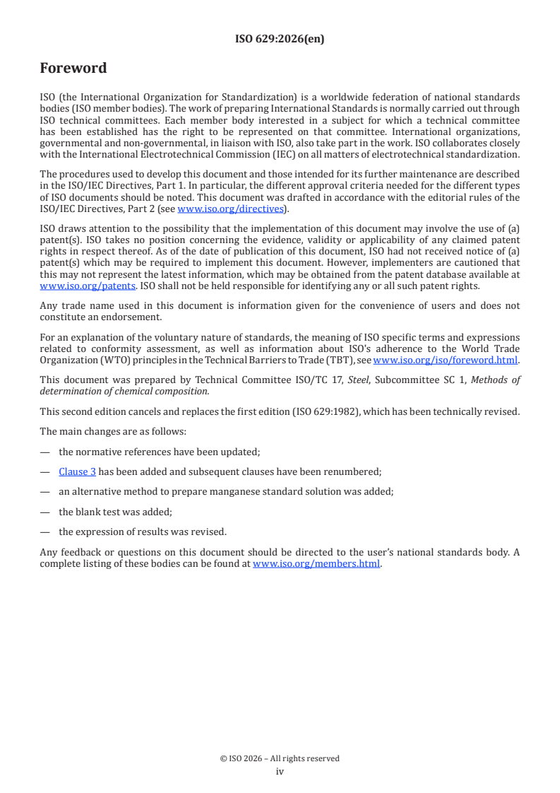 ISO 629:2026 ISO 629:2026 - Steel and cast iron — Determination of manganese content — Spectrophotometric method
Released:30. 01. 2026 - Page 4 preview