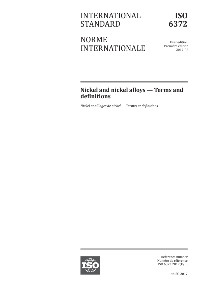 ISO 6372:2017 ISO 6372:2017 - Nickel and nickel alloys — Terms and definitions/10/2017 - Page 1 preview