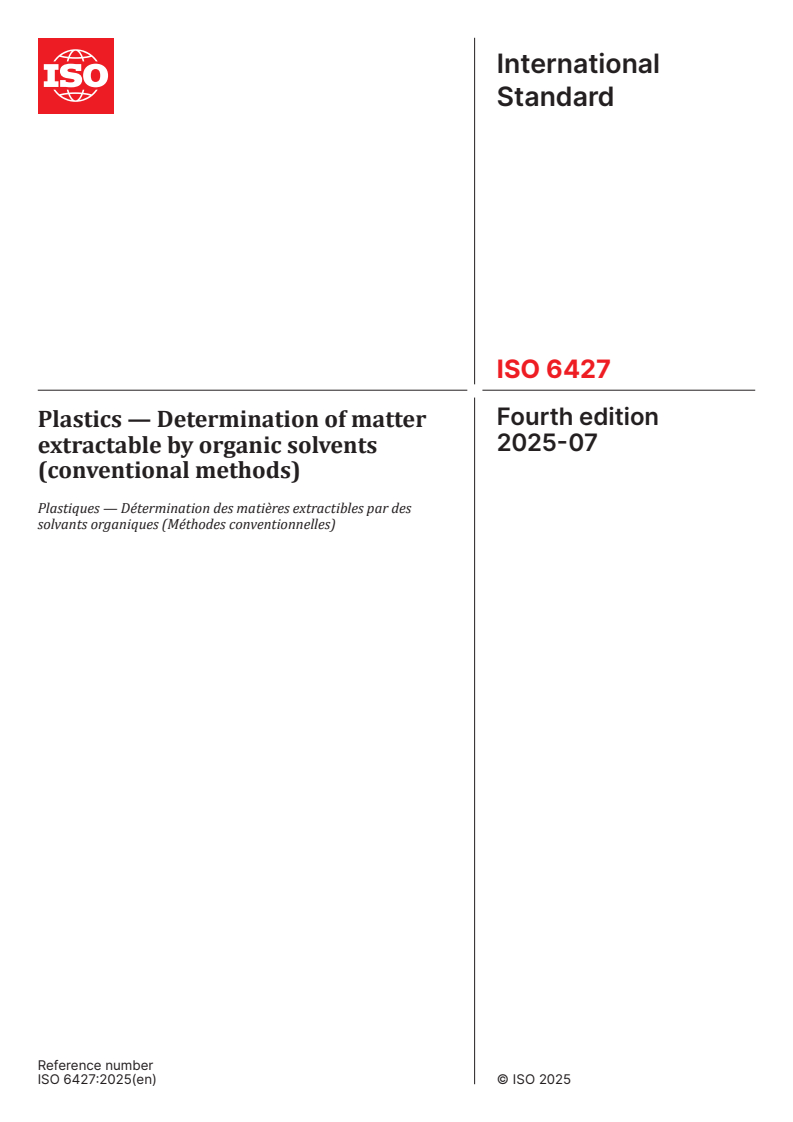 ISO 6427:2025 - Plastics — Determination of matter extractable by organic solvents (conventional methods)
Released:7. 07. 2025