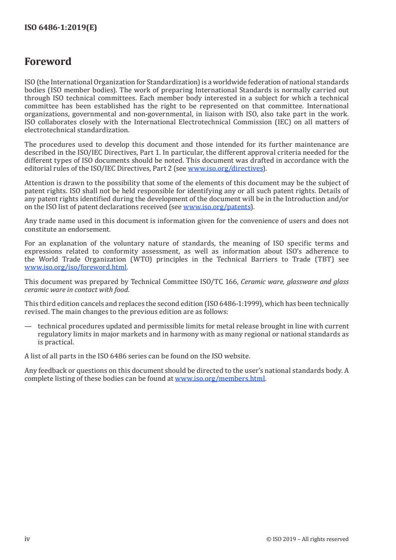 ISO 6486-1:2019 ISO 6486-1:2019 - Ceramic ware, glass ceramic ware and glass dinnerware in contact with food — Release of lead and cadmium — Part 1: Test method/28/2019 - Page 4 preview