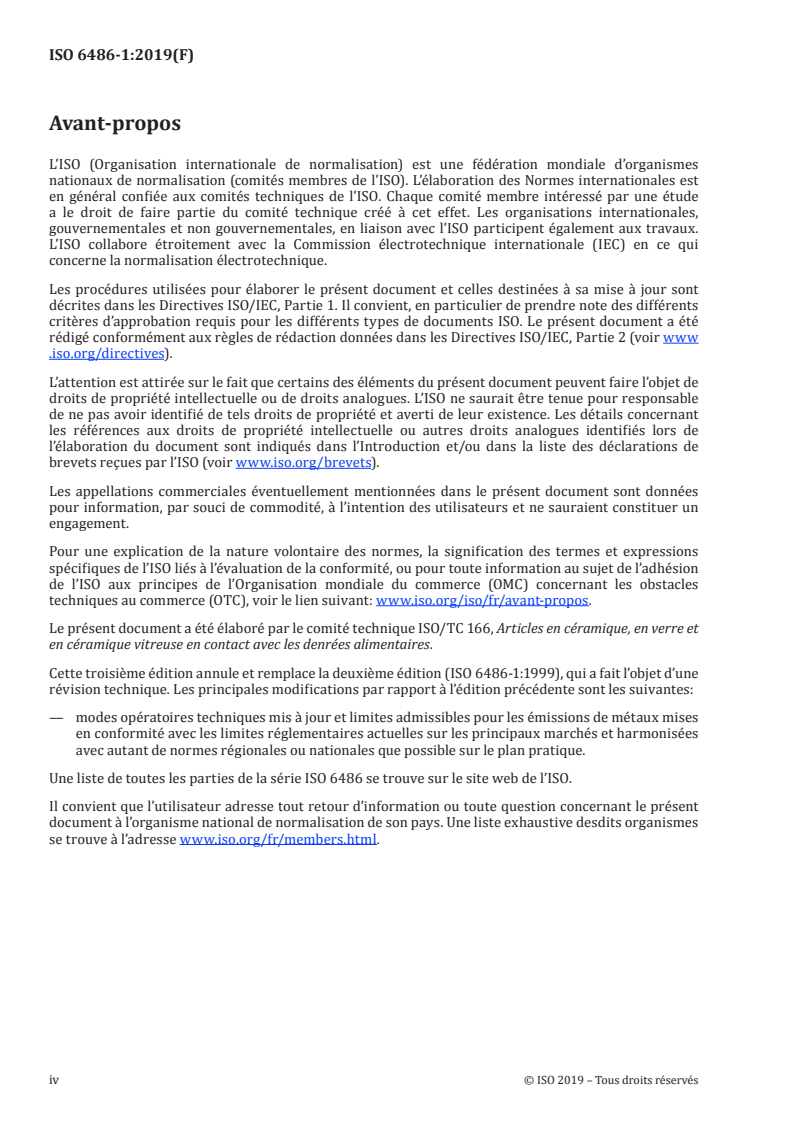 ISO 6486-1:2019 ISO 6486-1:2019 - Vaisselle en céramique, vaisselle en vitrocéramique et vaisselle de table en verre en contact avec les aliments — Émission de plomb et de cadmium — Partie 1: Méthode d'essai/28/2019 - Page 4 preview