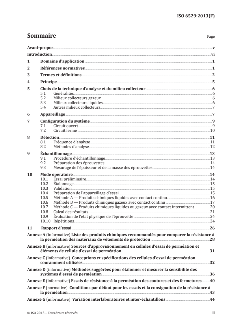ISO 6529:2013 ISO 6529:2013 - Vêtements de protection — Protection contre les produits chimiques — Détermination de la résistance des matériaux utilisés pour la confection des vêtements de protection à la perméation par des liquides et des gaz/21/2013 - Page 3 preview