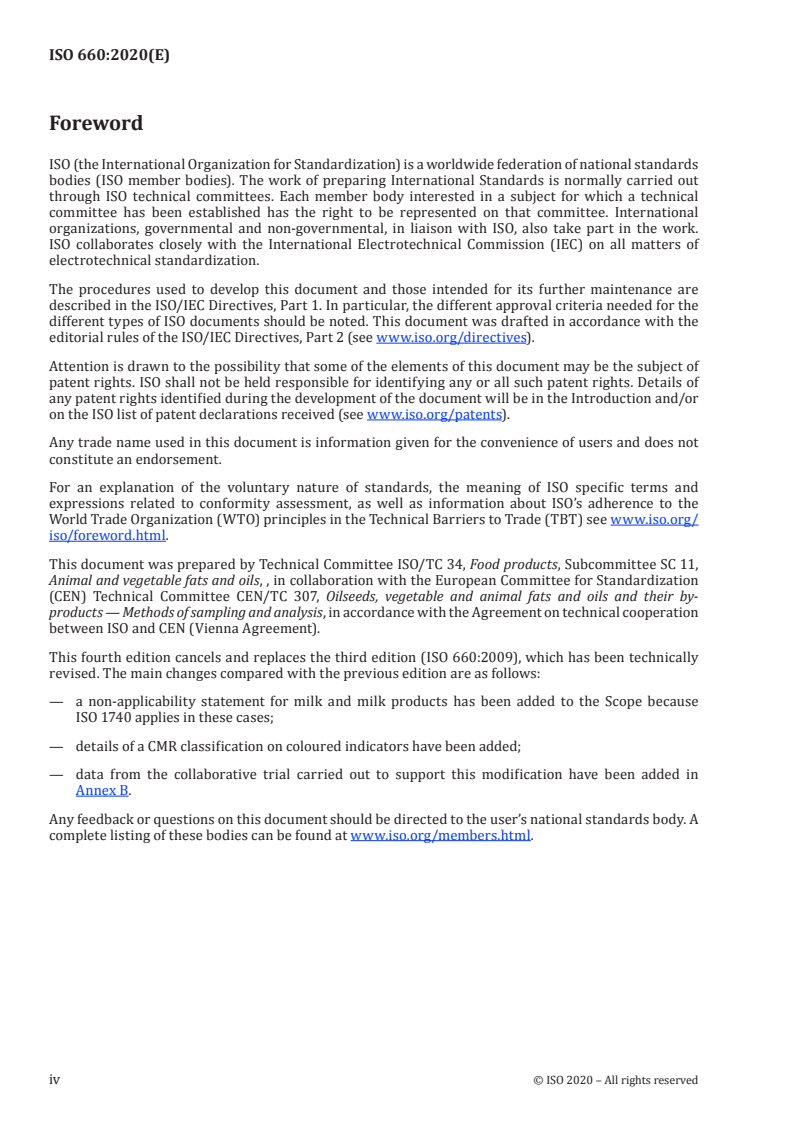 ISO 660:2020 ISO 660:2020 - Animal and vegetable fats and oils — Determination of acid value and acidity/30/2020 - Page 4 preview