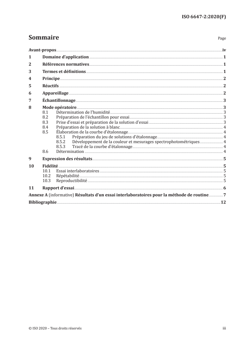 ISO 6647-2:2020 ISO 6647-2:2020 - Riz — Détermination de la teneur en amylose — Partie 2: Méthode spectrophotométrique de routine sans mode opératoire de dégraissage et avec étalonnage à l'aide d'étalons de riz/14/2020 - Page 3 preview