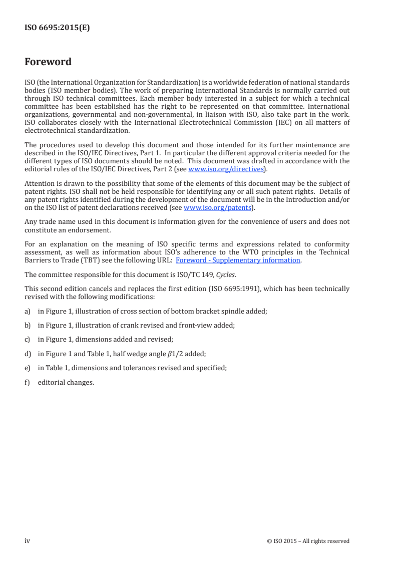 ISO 6695:2015 ISO 6695:2015 - Cycles — Pedal axle and crank assembly with square end fitting — Assembly dimensions/3/2015 - Page 4 preview