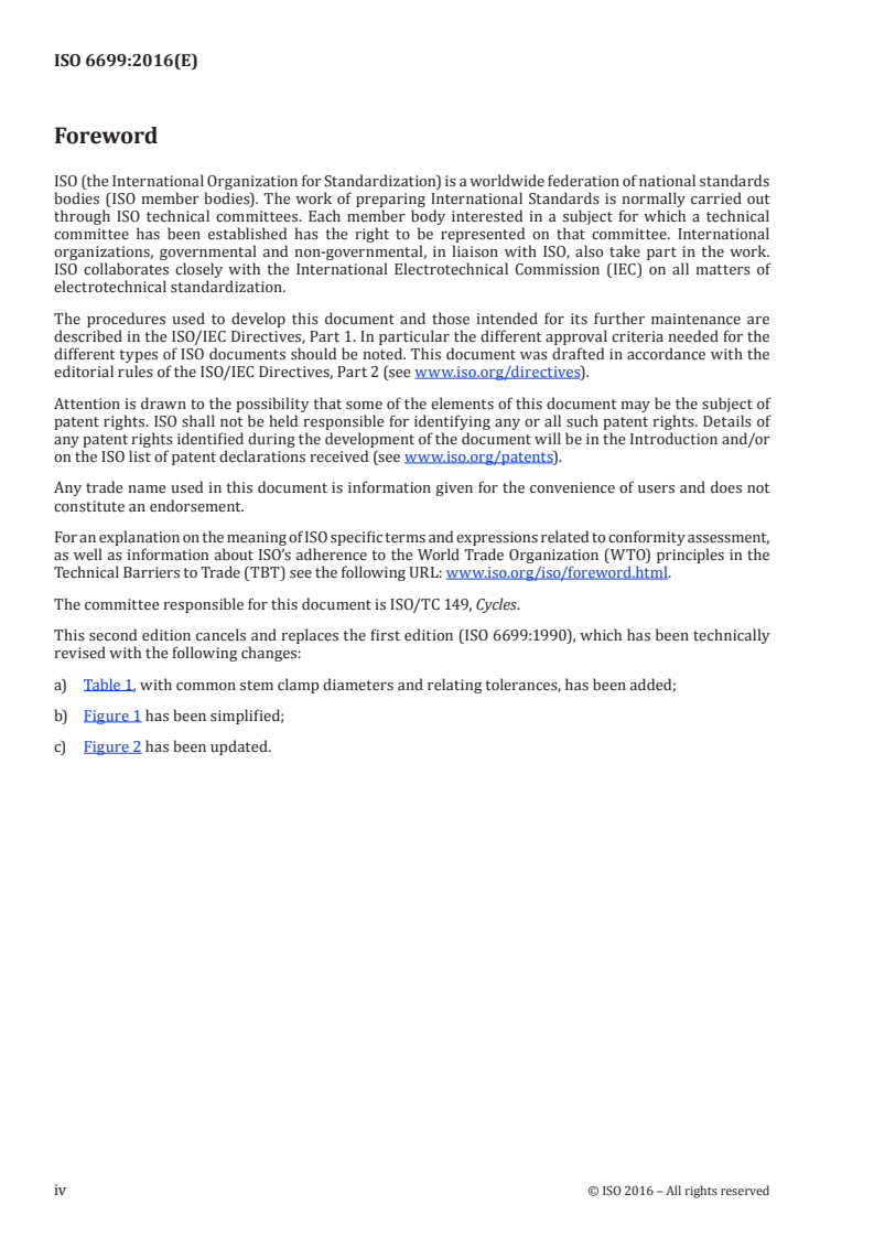 ISO 6699:2016 ISO 6699:2016 - Cycles — Handlebar centre and stem dimensions/5/2016 - Page 4 preview