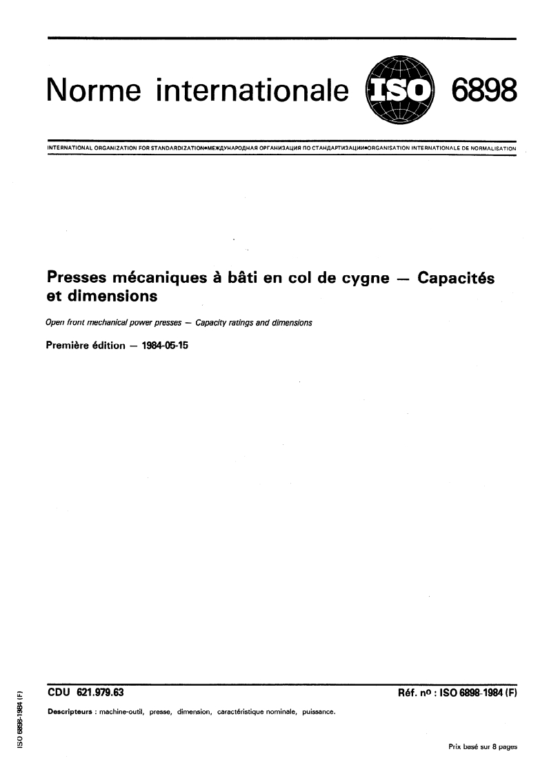 ISO 6898:1984 ISO 6898:1984 - Presses mécaniques à bâti en col de cygne — Capacités et dimensions/1/1984 - Page 1 preview